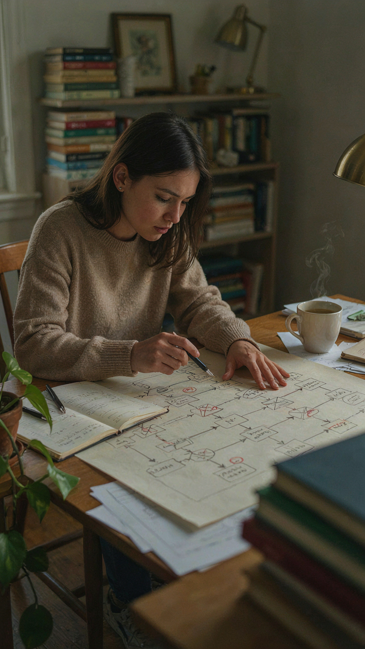 A person studies a complex problem-solving flowchart at a desk.