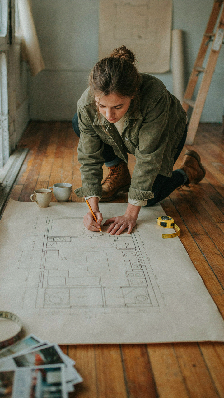 A person drawing a skoolie floor plan with measurements on paper on the floor.