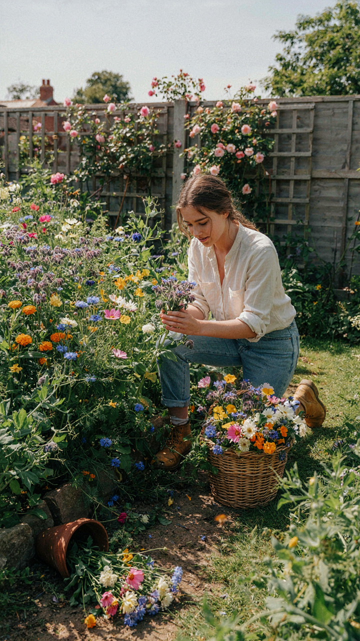 A person with a happy look gathers different kinds of edible flowers from a garden.