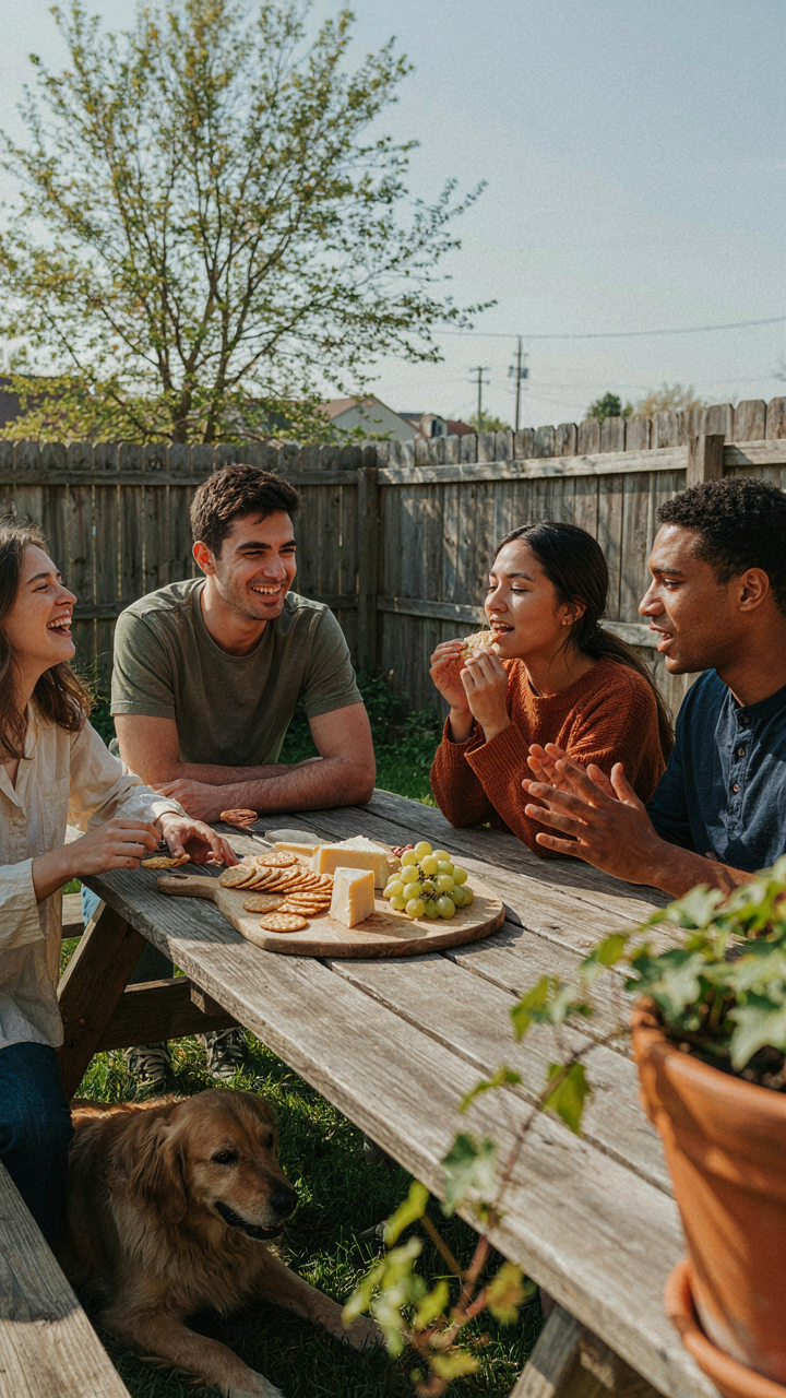 Friends share an outdoor snack board with crackers and cheese.