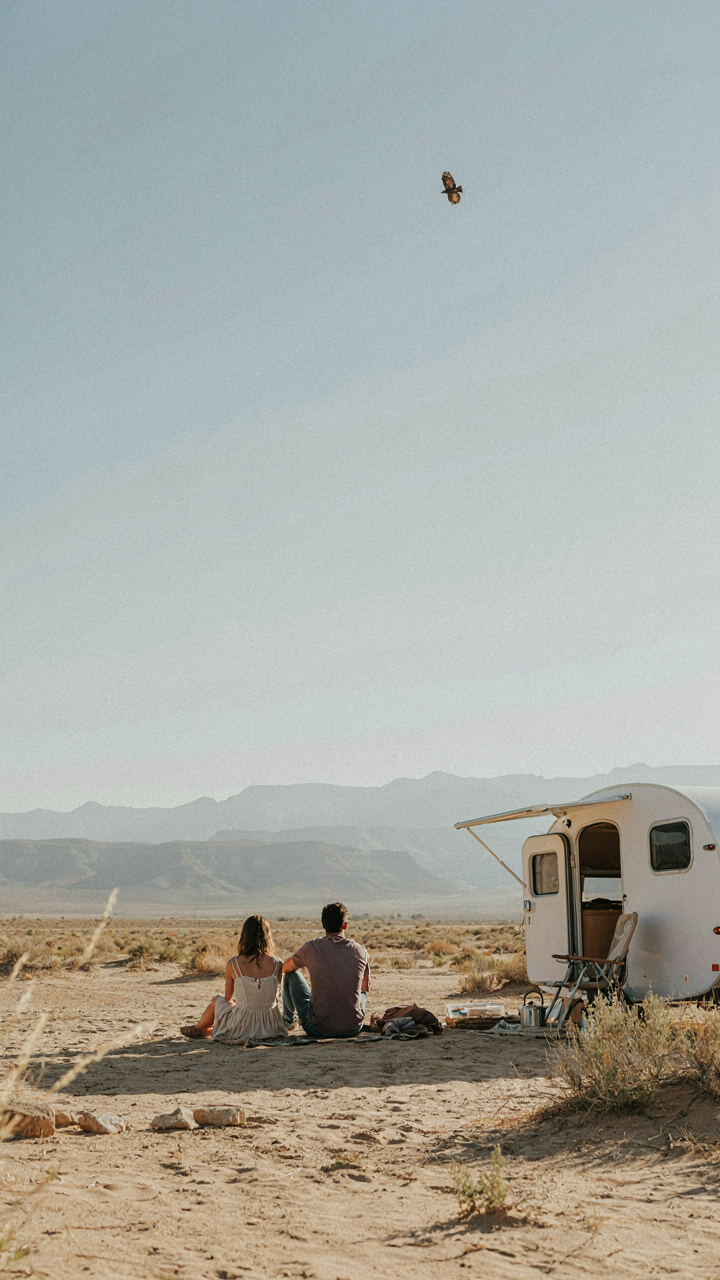 A tiny camper sits in a vast desert, with a couple looking at the horizon.
