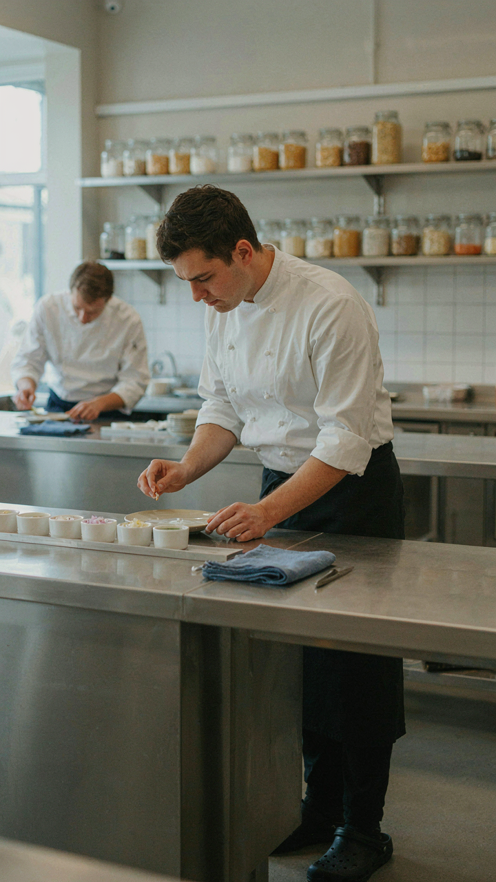 A chef precisely arranges ingredients in a professional kitchen.