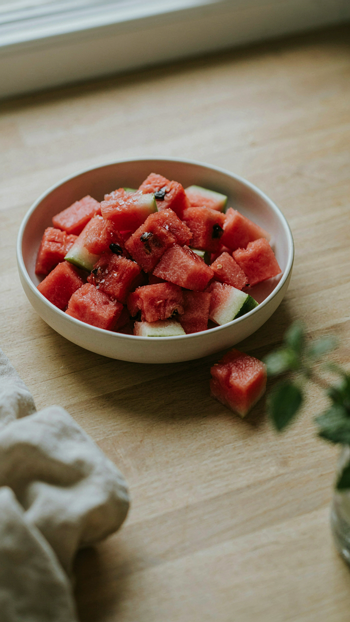 A bowl of simple, salted watermelon cubes.