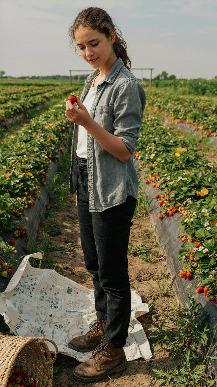 A person holds a small, fresh strawberry.
