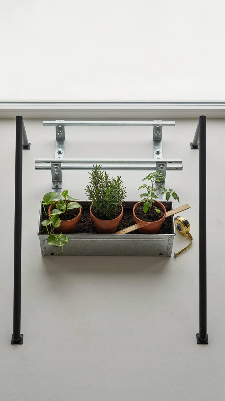 A detailed technical drawing shows how a balcony plant system works.