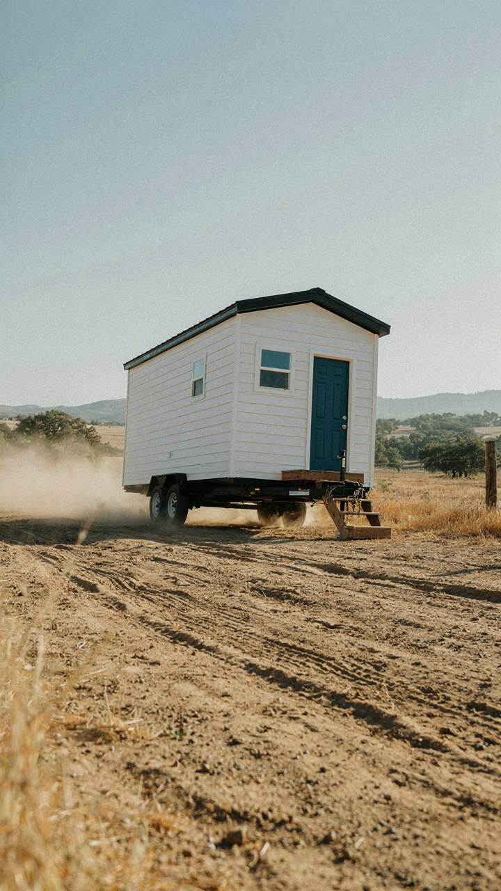A small house on wheels shakes on a rough, unpaved road.