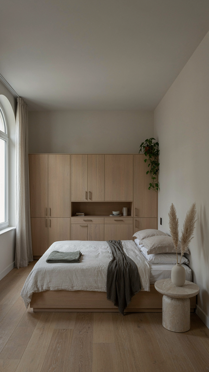 A minimalist hotel room with hidden, integrated storage within a wall unit.