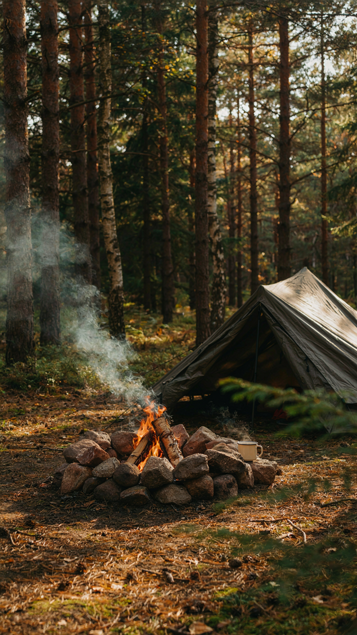 A small fire upwind of a tent, smoke creating a defensive perimeter for camping bug hacks.
