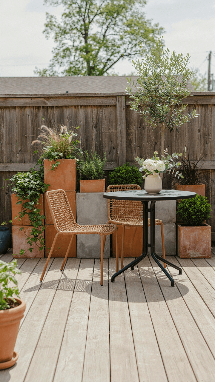 A modular backyard bistro set up with movable planters and tables.