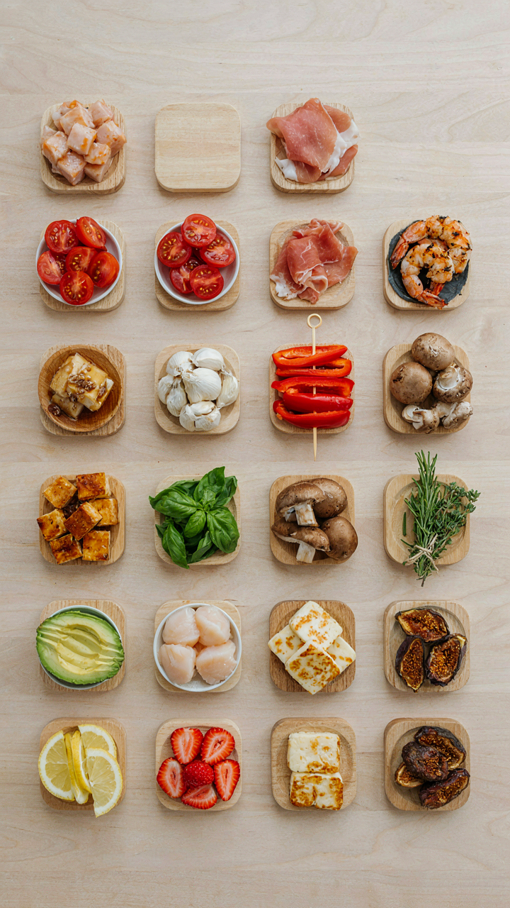A colorful grid showing different ingredients for skewer party food.
