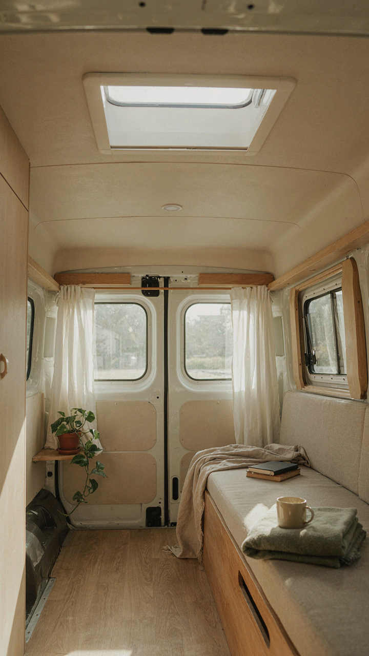 A small van interior filled with natural light from windows and a skylight.
