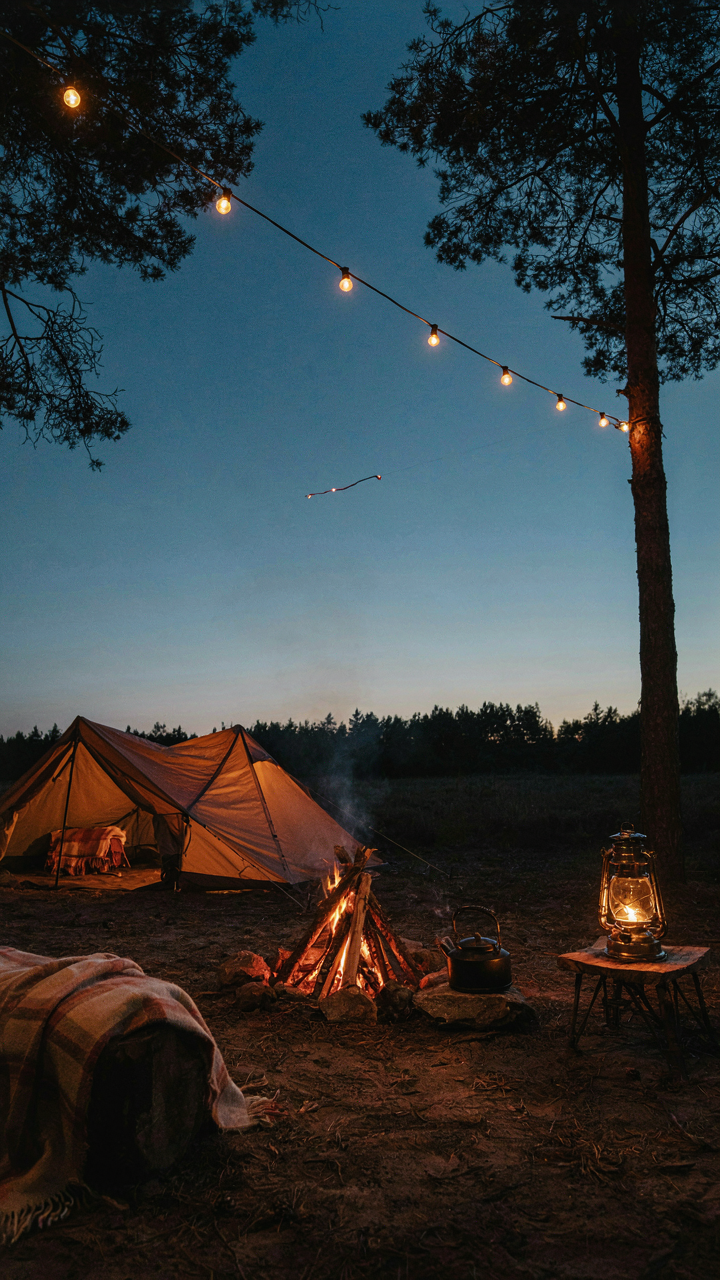 Layered lighting in a camping area at dusk with lanterns and string lights.