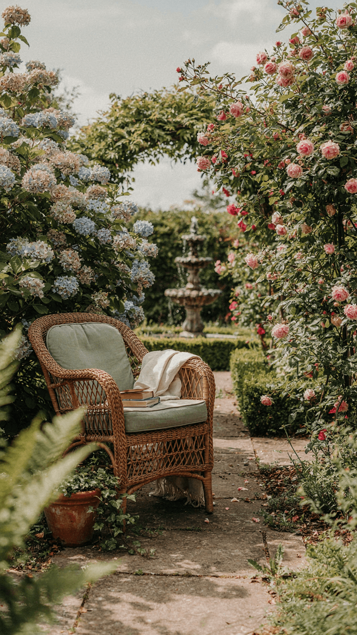 An armchair in a garden corner, looking at a fountain.