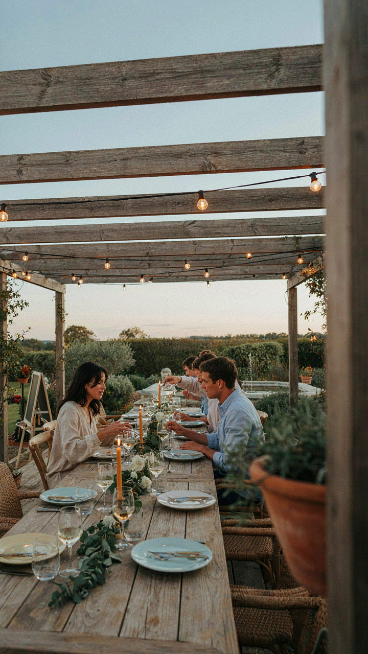 An outdoor dining area under a pergola with string lights providing light.
