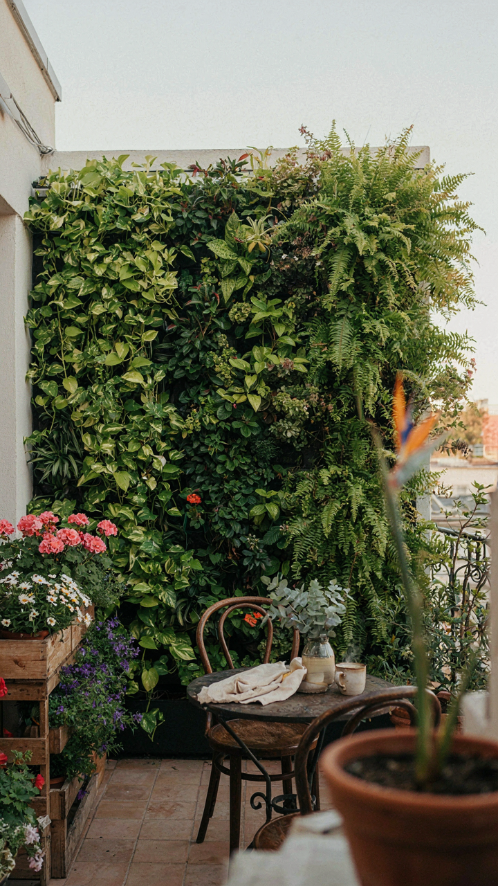 A tiny patio has a green vertical garden and tiered planters.