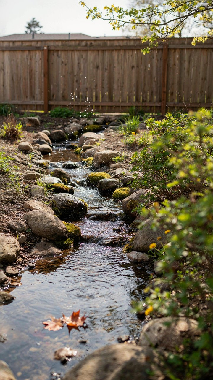 Water flows downhill in a backyard, making a puddle.