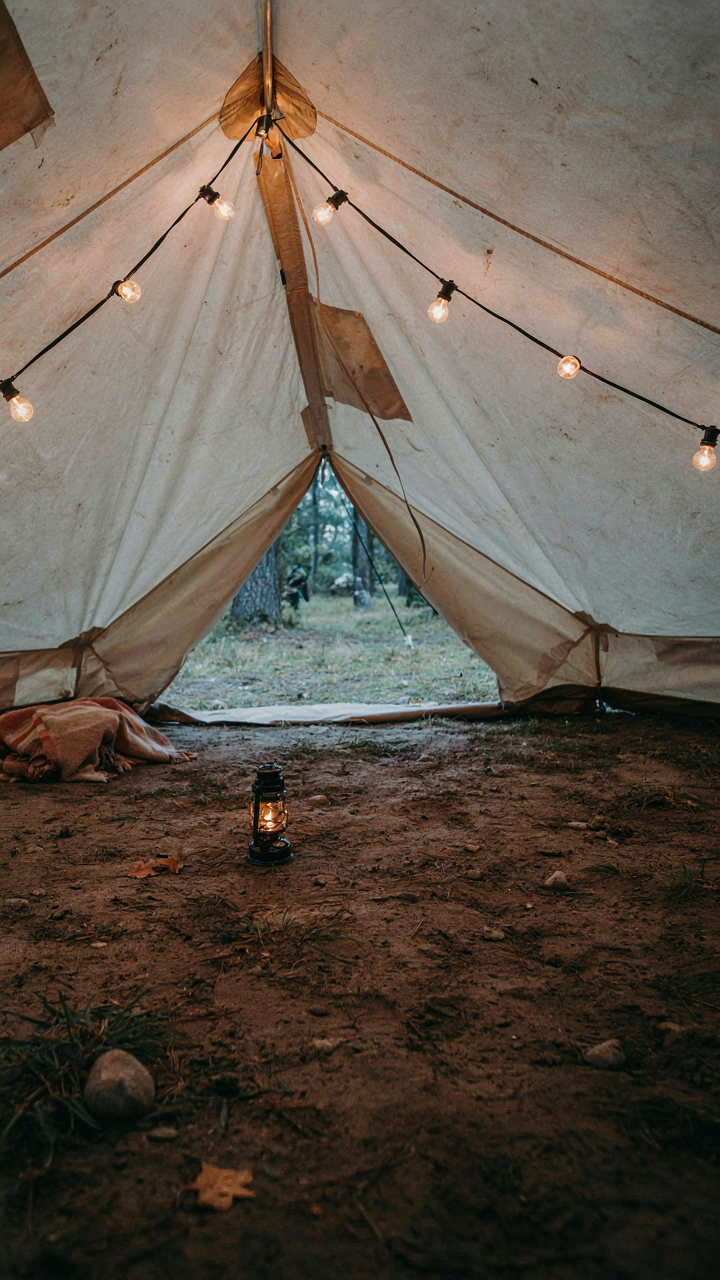 String lights glow inside a tent, but the ground is bare.