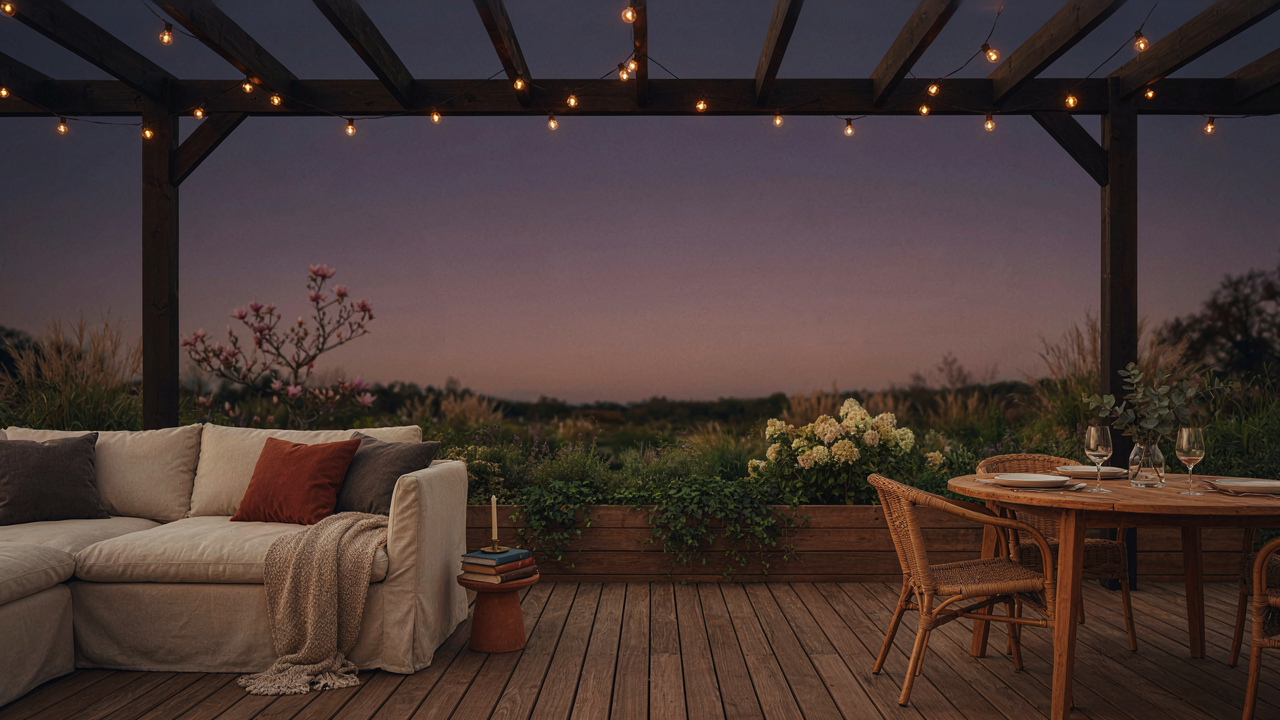 A warm and inviting outdoor patio at dusk, with string lights over a pergola.