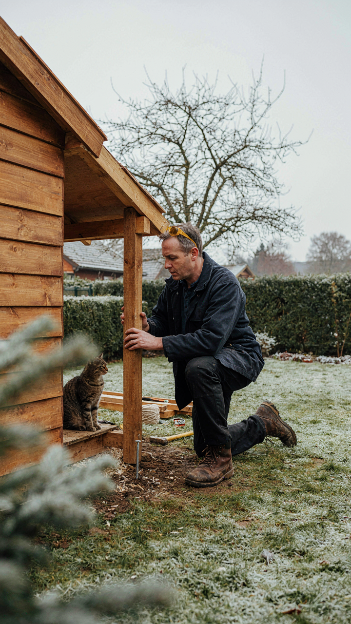 A construction worker checks the strong foundation of a wooden shed in winter.