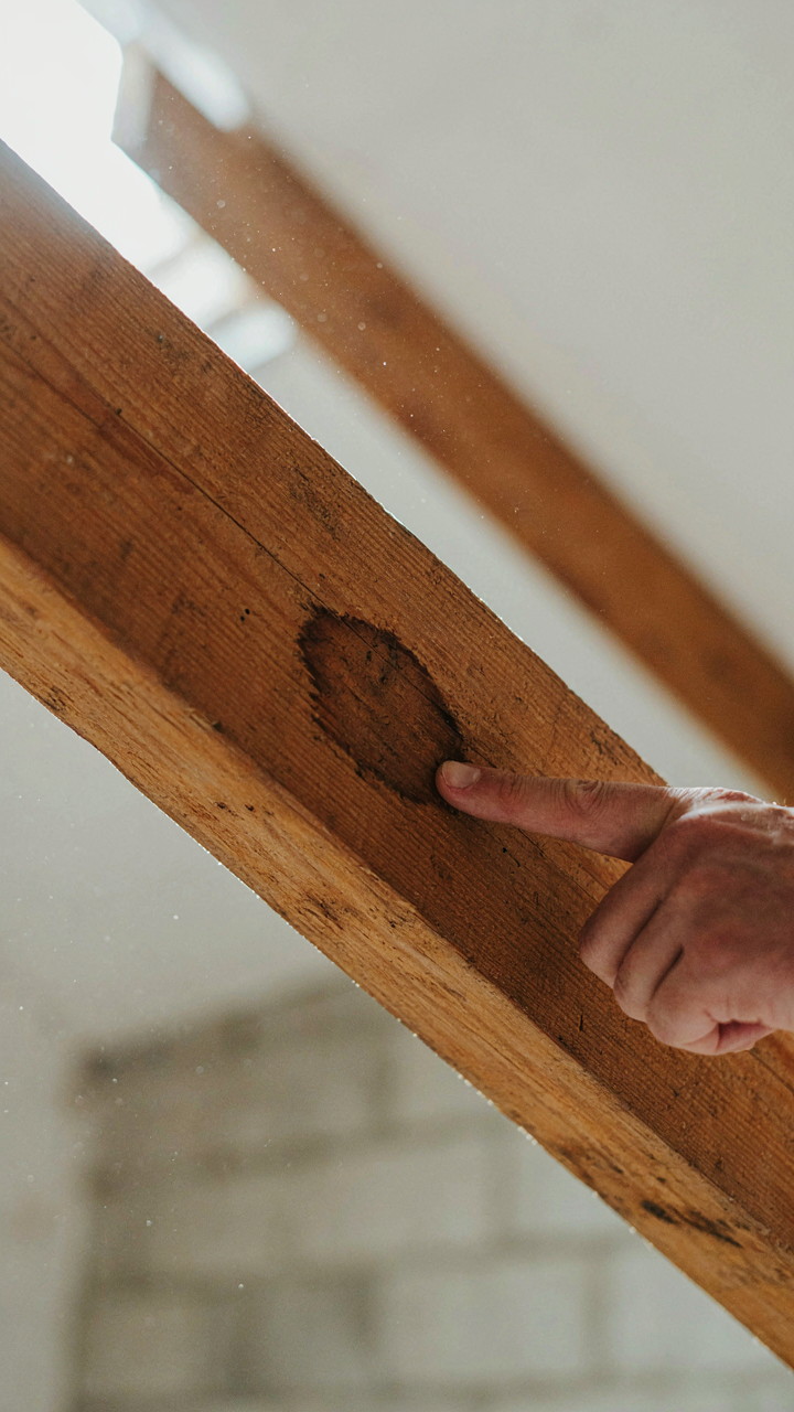 A hand points to a faint dark stain on a seemingly solid wood beam.