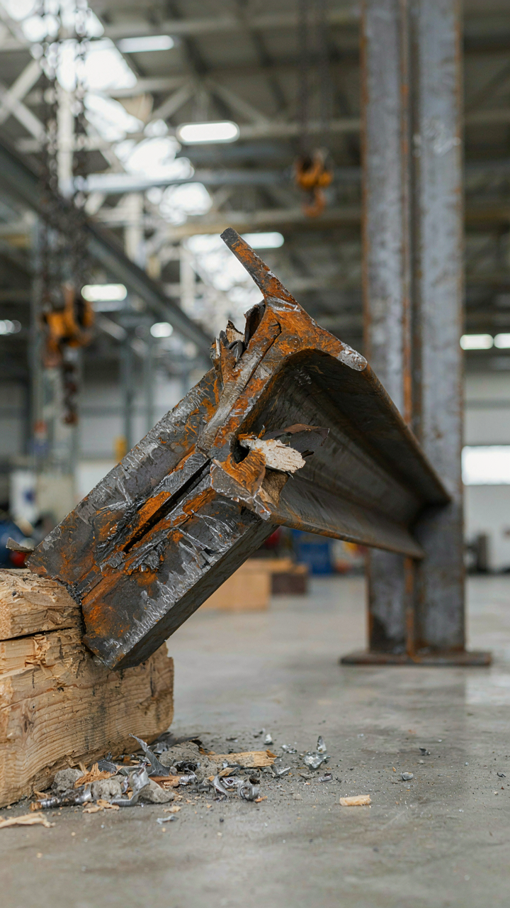 A metal beam bent and cracked from too much pressure.