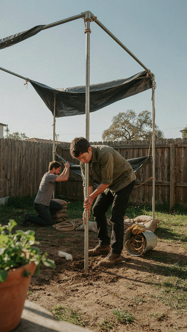 A person builds a stable diy camping shower tent with poles and tarps.