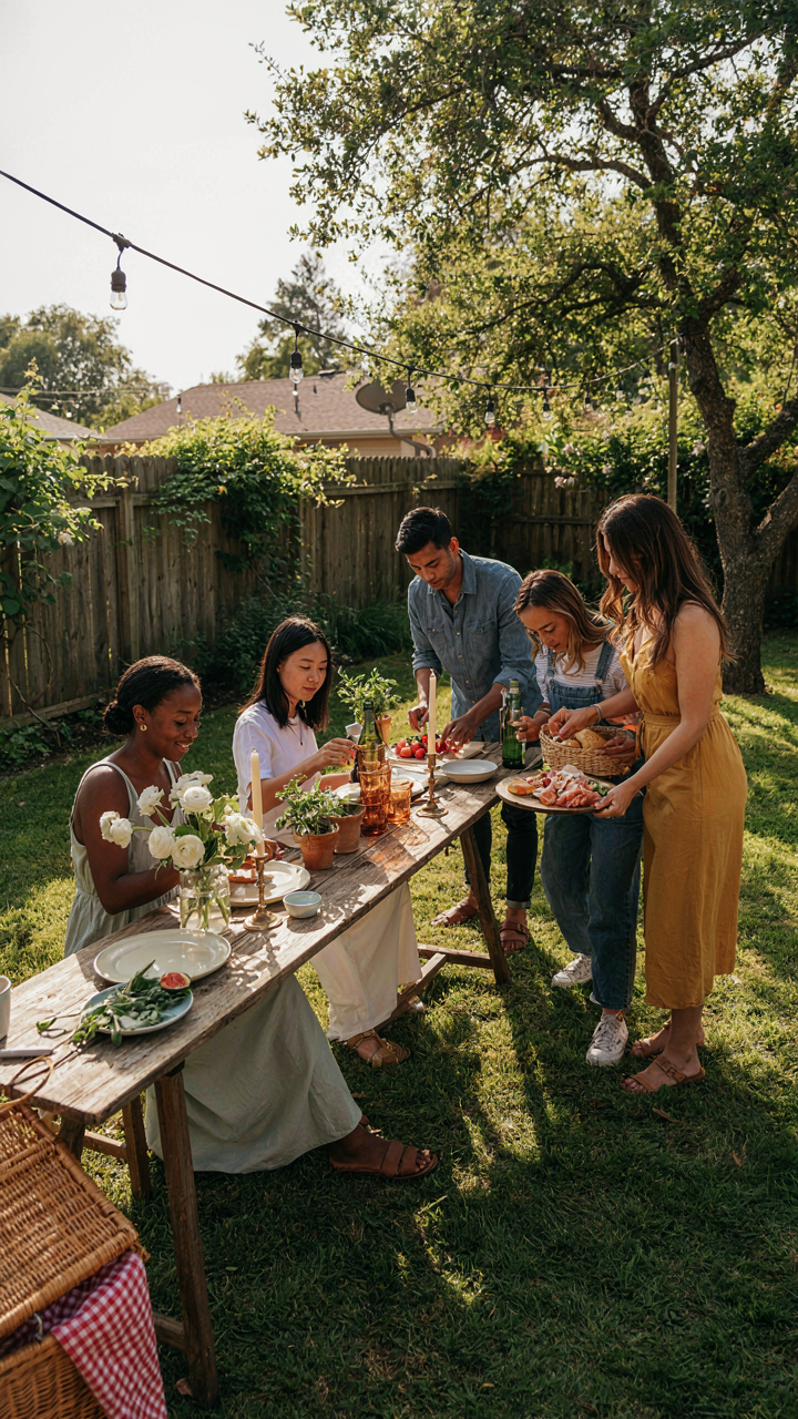 Friends working together to set up a potluck garden party, each with a different task.
