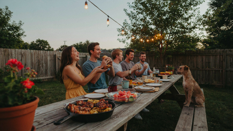 A lively outdoor summer cookout with people enjoying food and company.