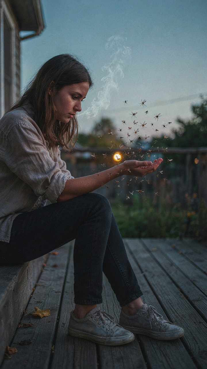 Mosquitoes swarm around a person's arm on a deck at dusk.