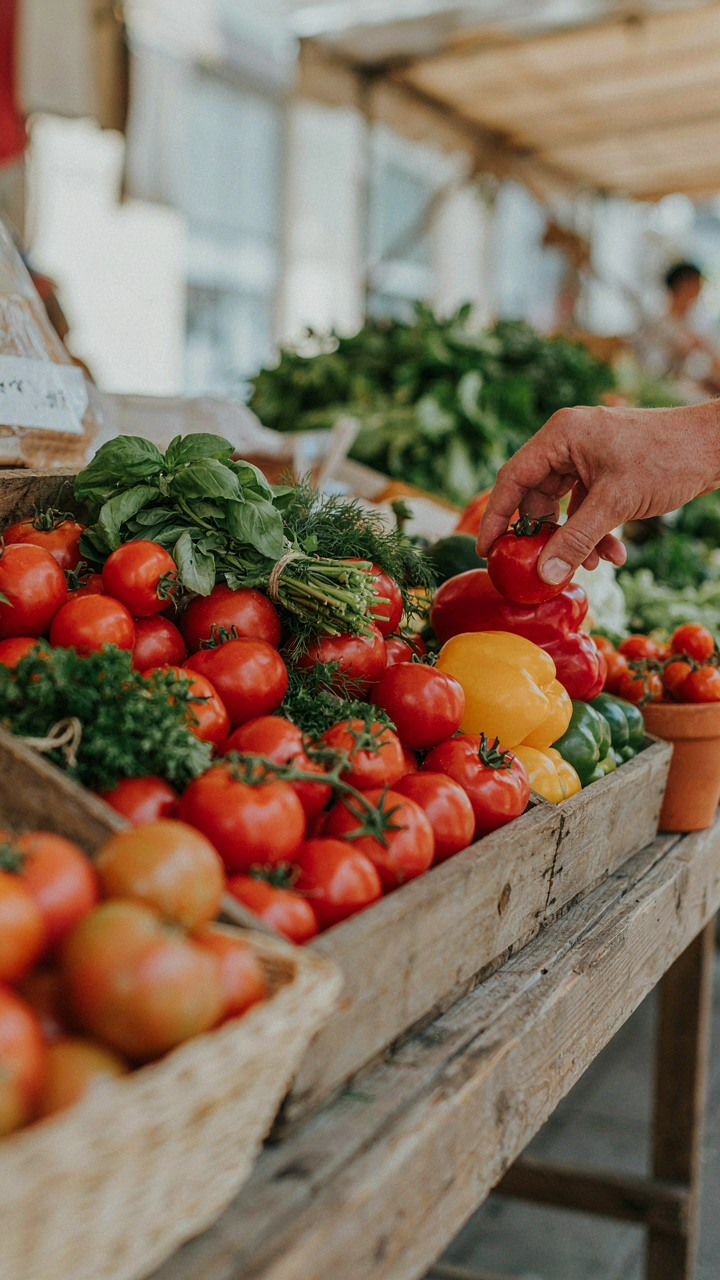 A farmer's market stall is filled with ripe, colorful vegetables.