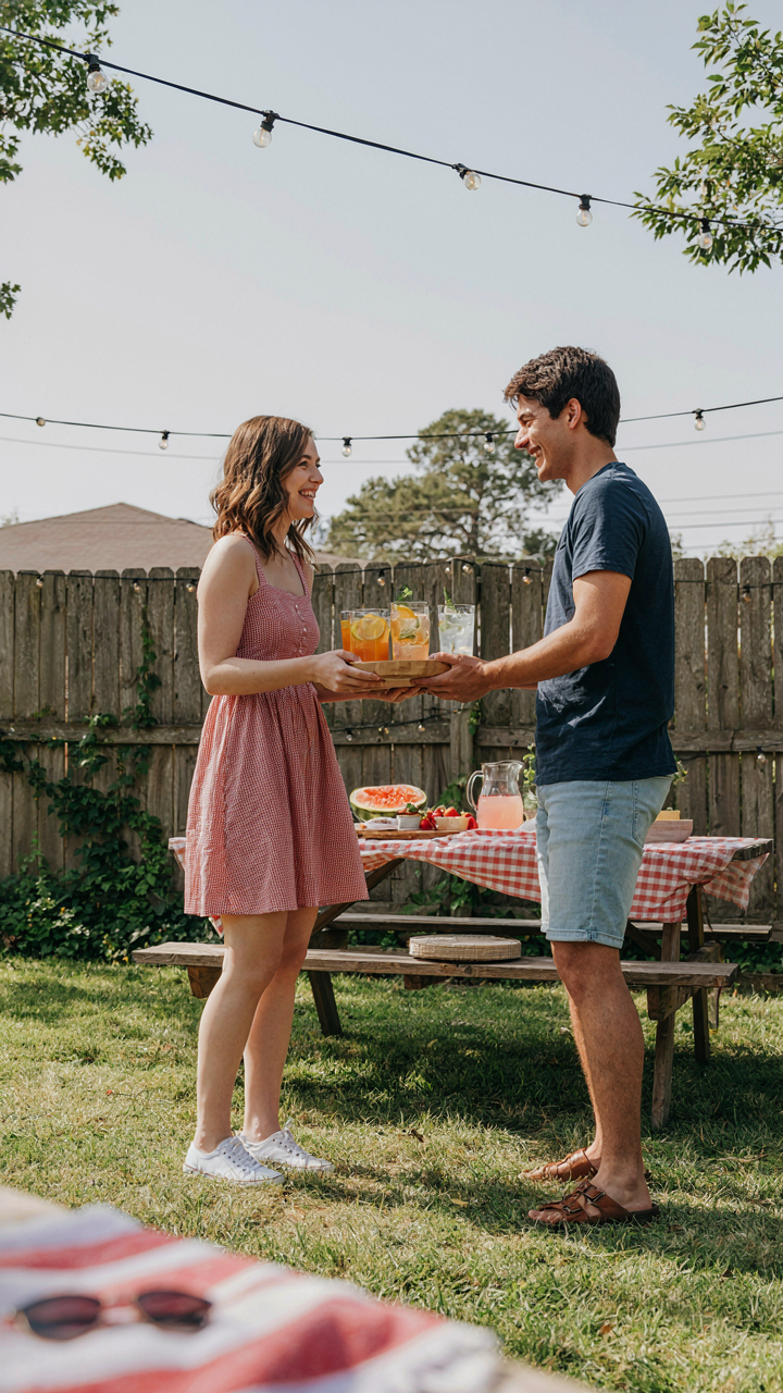 One friend hands another friend a tray of drinks.