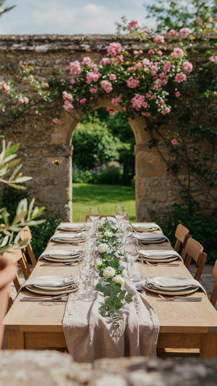 An outdoor dining table with simple, functional place settings for guests.