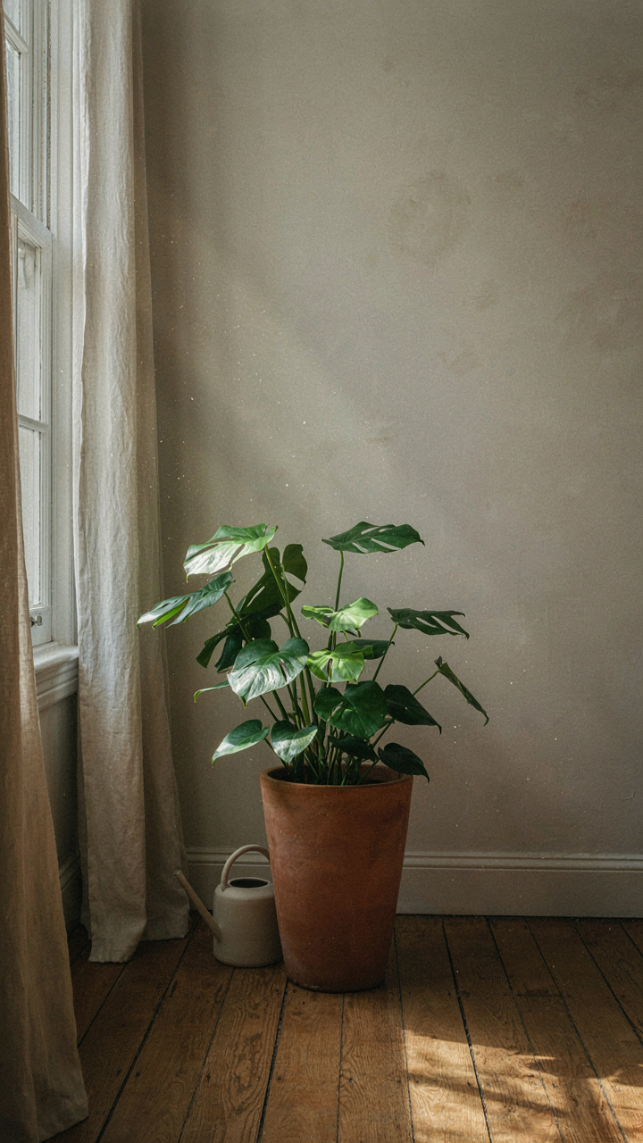 Different colors of light shine onto a green potted plant.