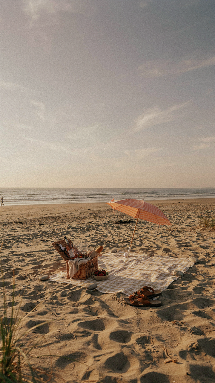 A well-placed beach sunset picnic is above the tide line with a small shelter.