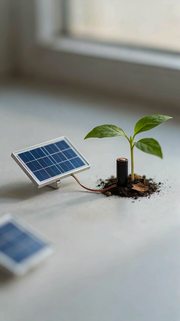 A miniature ecosystem with solar panels and a battery working together.