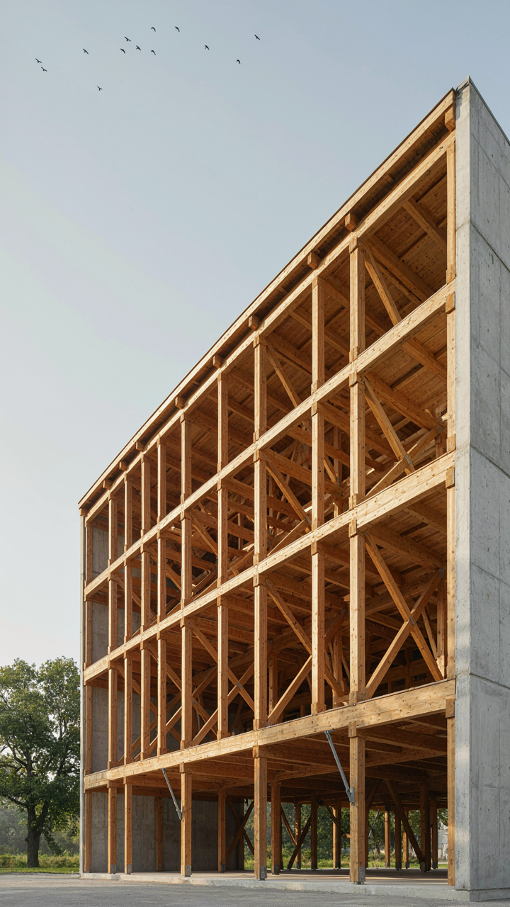 An architectural rendering shows load-bearing beams and structural supports.