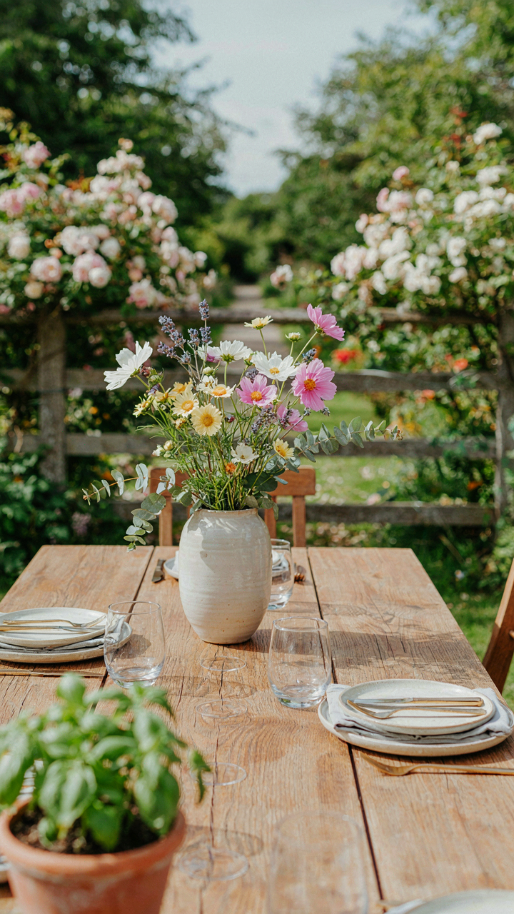 A large vase of colorful wildflowers stands as the only centerpiece on an outdoor table.
