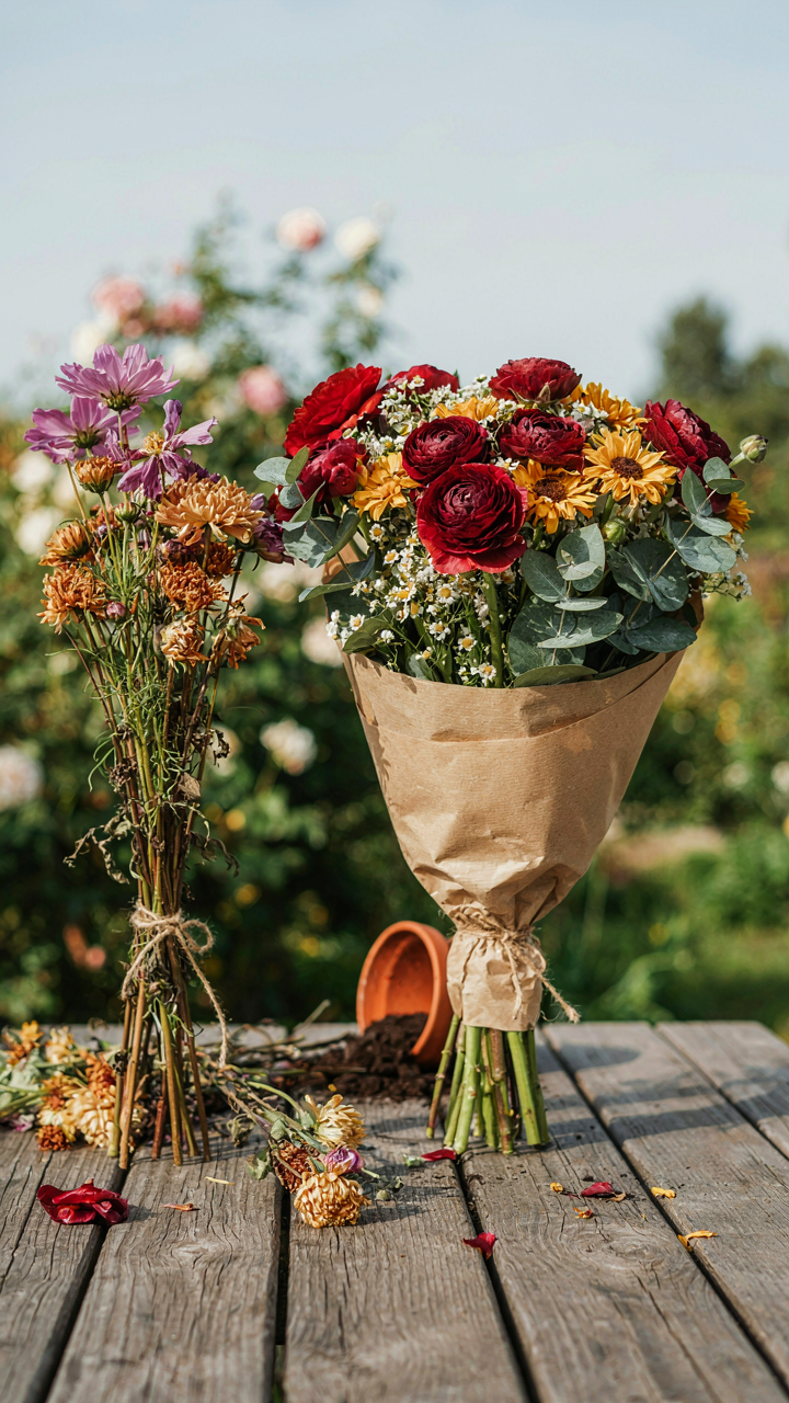Wilted cut flowers next to fresh, vibrant local flowers on a table.