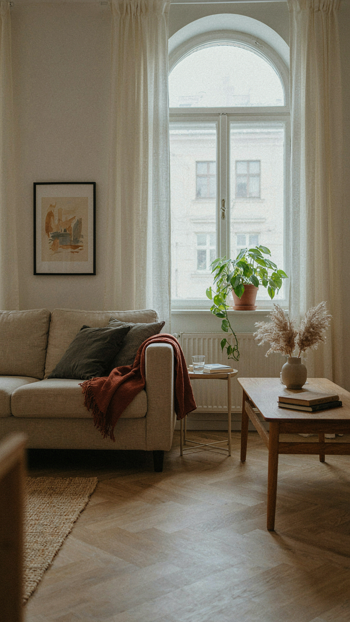 A modern studio with a sofa bed and an extendable coffee table.