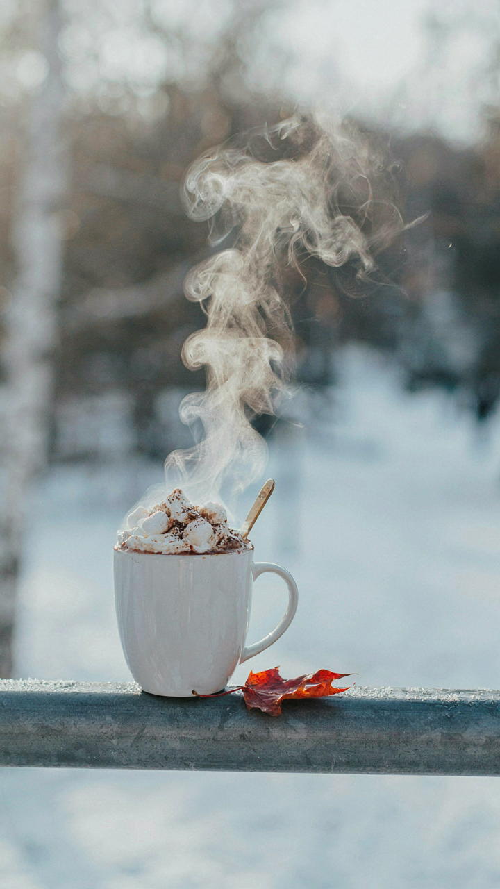 A steaming cup of hot chocolate on a cold metal railing outside.