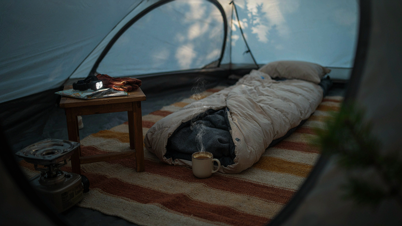 A warm and inviting tent interior with a sleeping bag and headlamp at dawn.