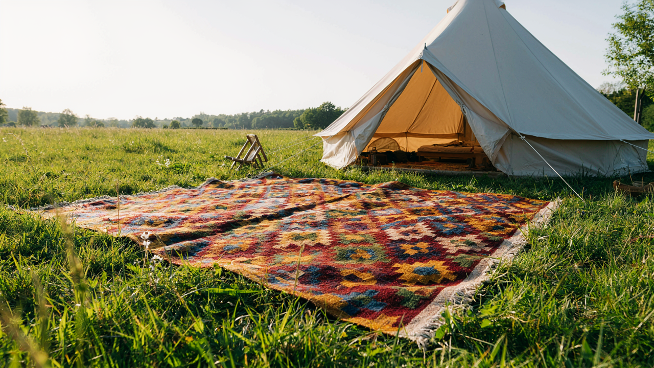 A colorful woven tent rug lays outside a large canvas bell tent on a sunny day.