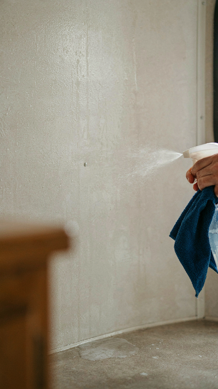 An RV wall is meticulously cleaned with a spray and cloth before peel and stick.