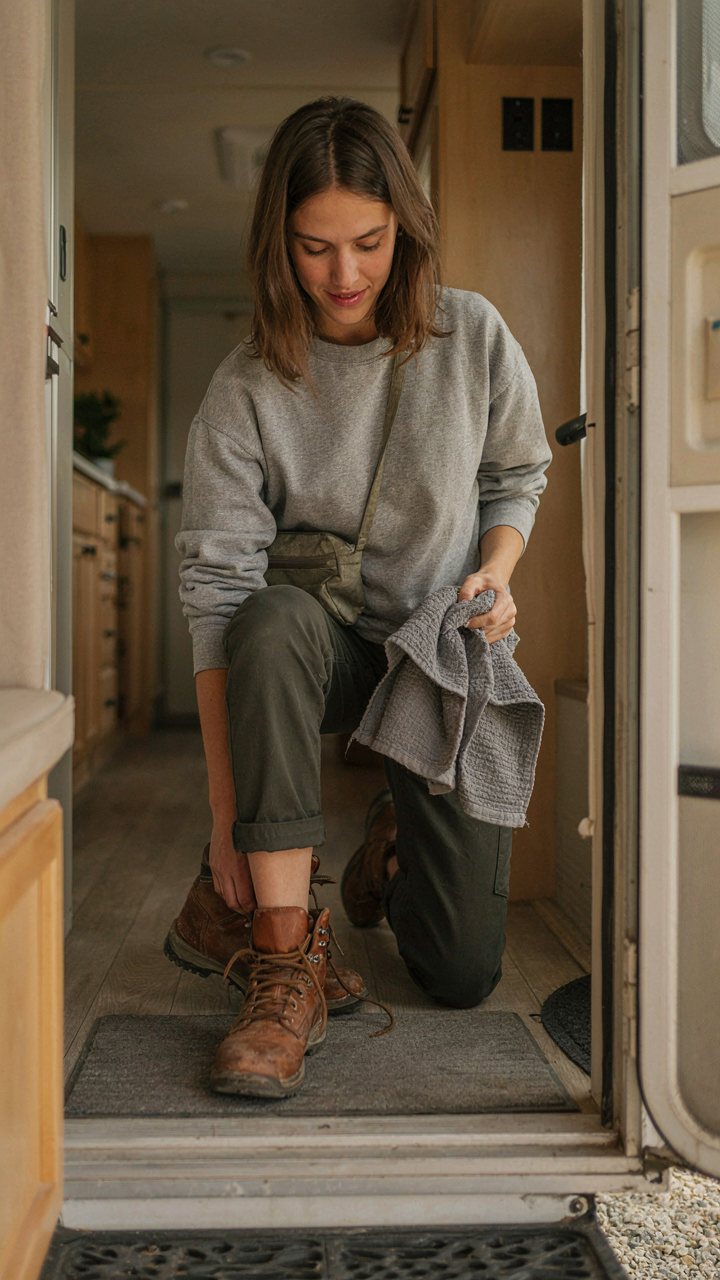 Person quickly removes shoes and wipes feet inside an RV entryway.