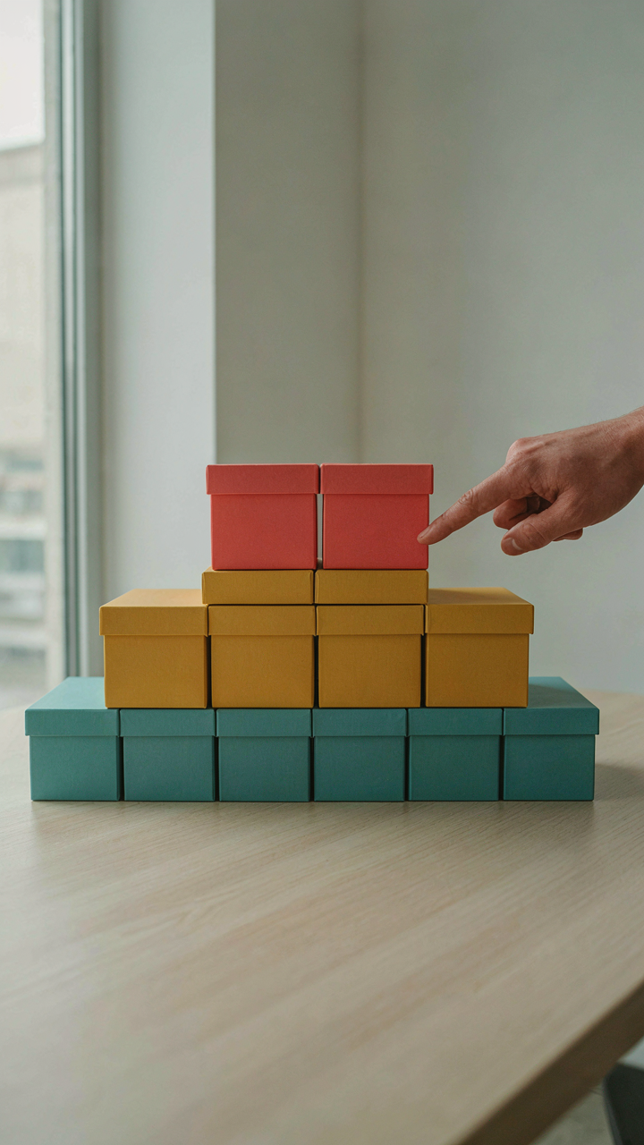 Three layers of color-coded filing boxes showing a tiered elimination system.