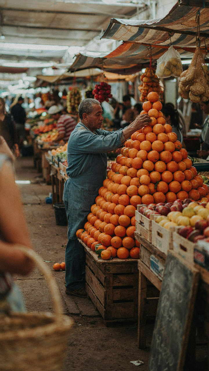 A large pyramid of bright oranges displayed at a busy market stall.