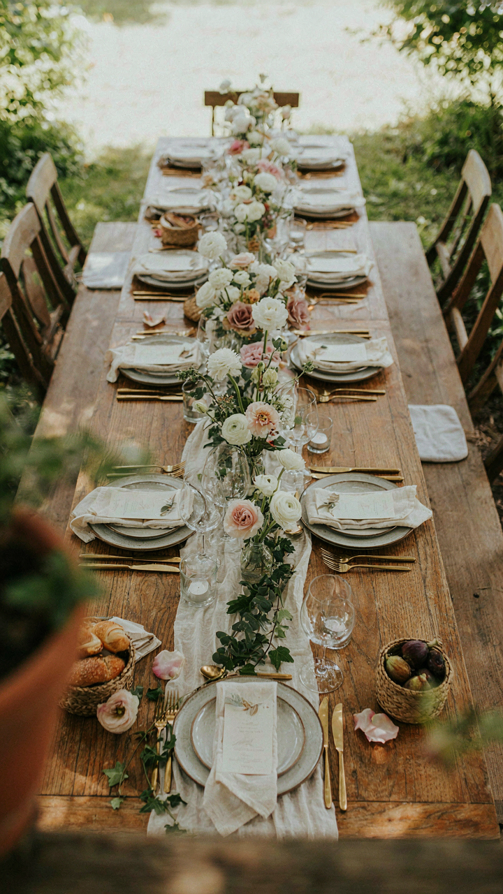 An outdoor long table is divided into three clear zones.