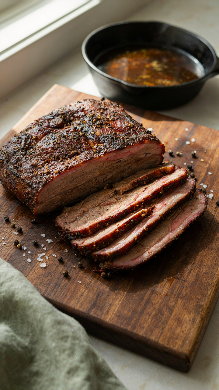 A perfectly smoked brisket with a visible smoke ring rests on a wooden board.