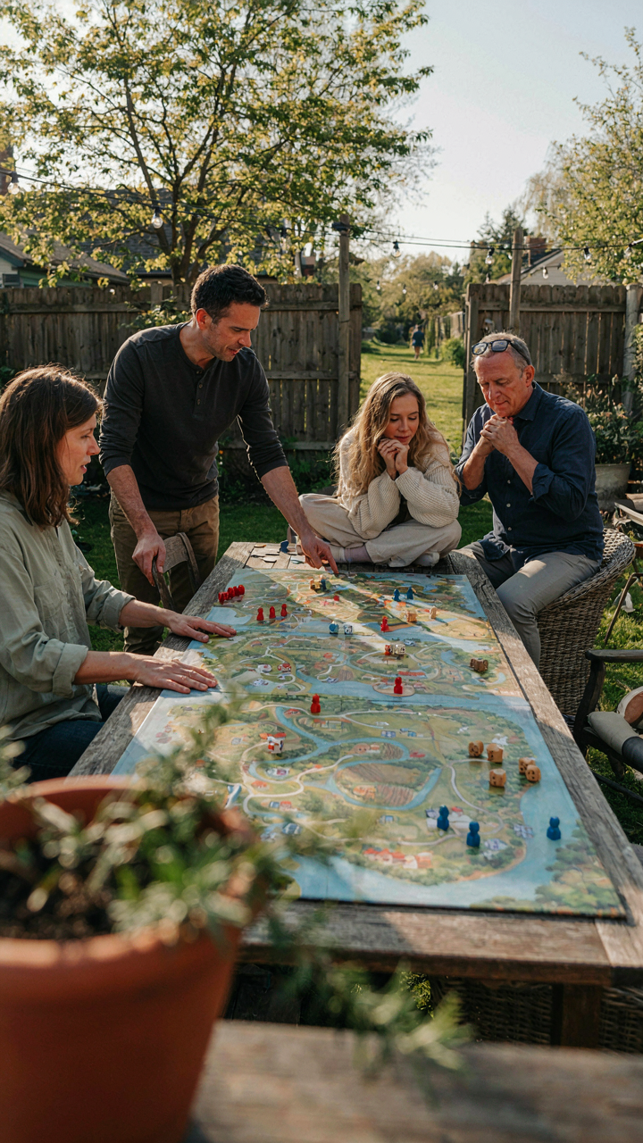 Adults look surprised and intrigued by a unique board game setup outdoors.