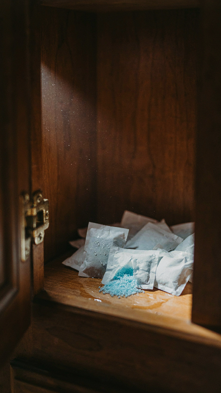 Desiccant packets absorb moisture in a tight RV cupboard.